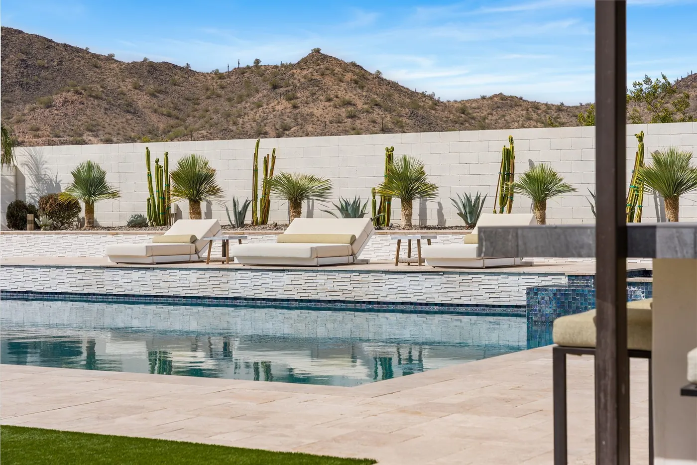 Pool deck framed by desert planting against the block wall